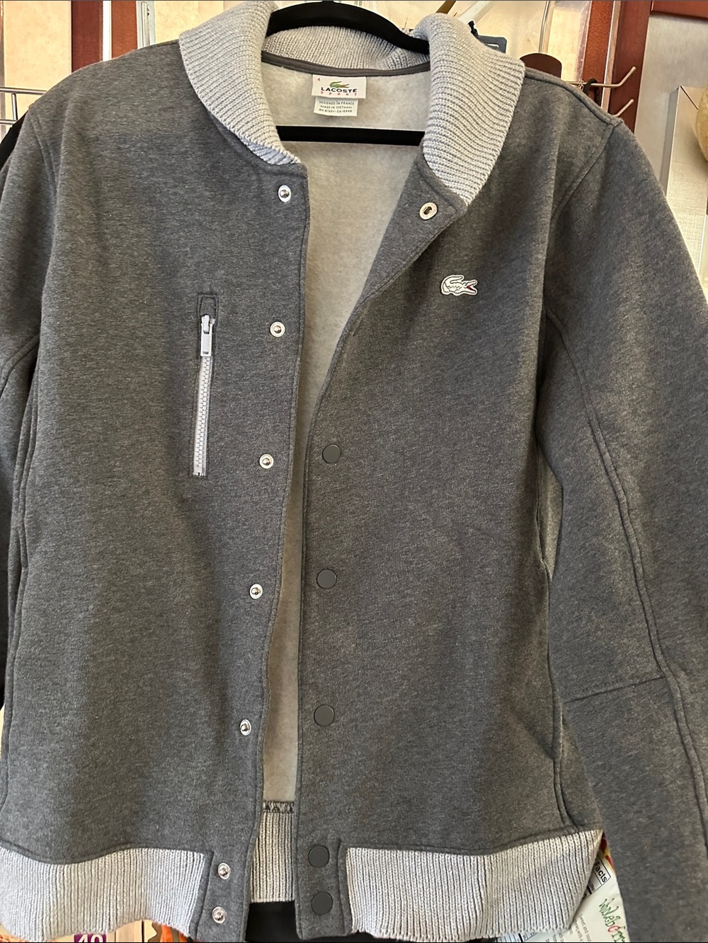 Super cool Lacoste Gray Bomber Jacket with Ribbed Collar